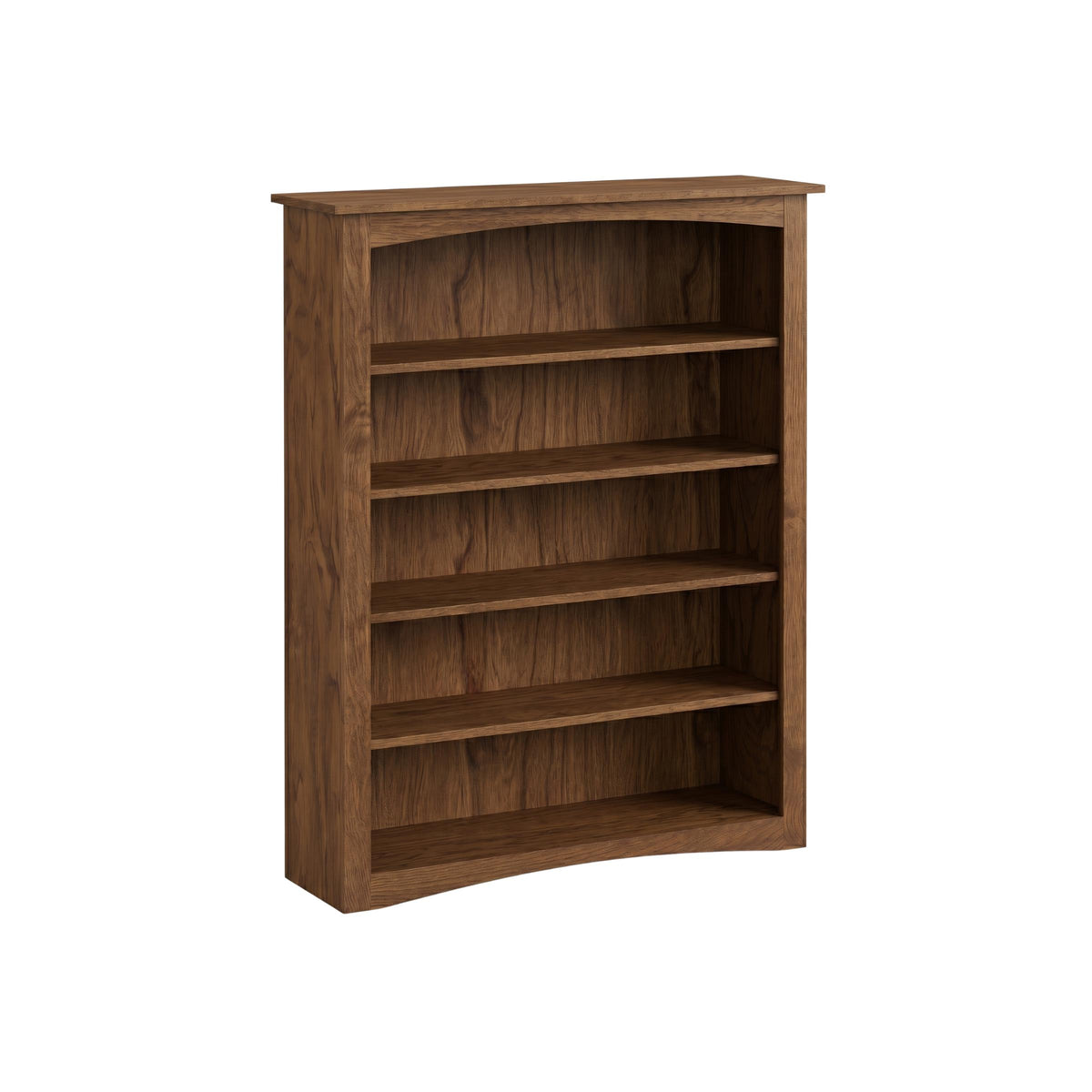 Dark wood Arch Bookcase with five shelves and a curved top and bottom trim.