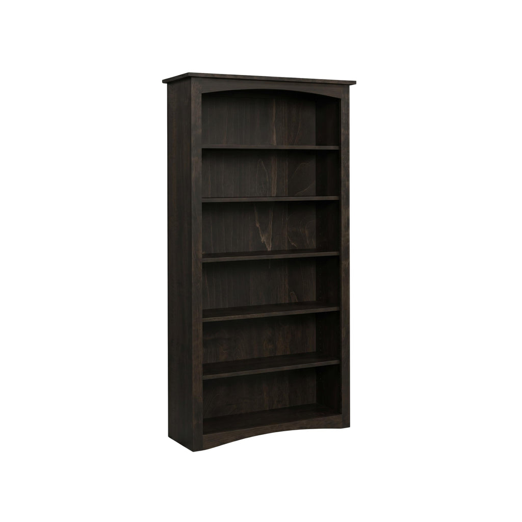 Dark stained maple Arch Bookcase with six shelves and a subtle arched top and bottom.