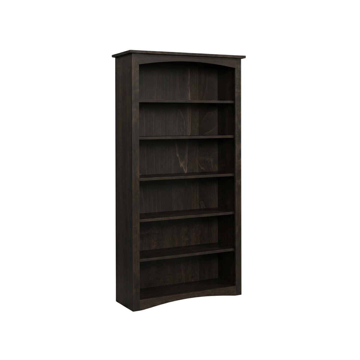 Dark stained maple Arch Bookcase with six shelves and a subtle arched top and bottom.