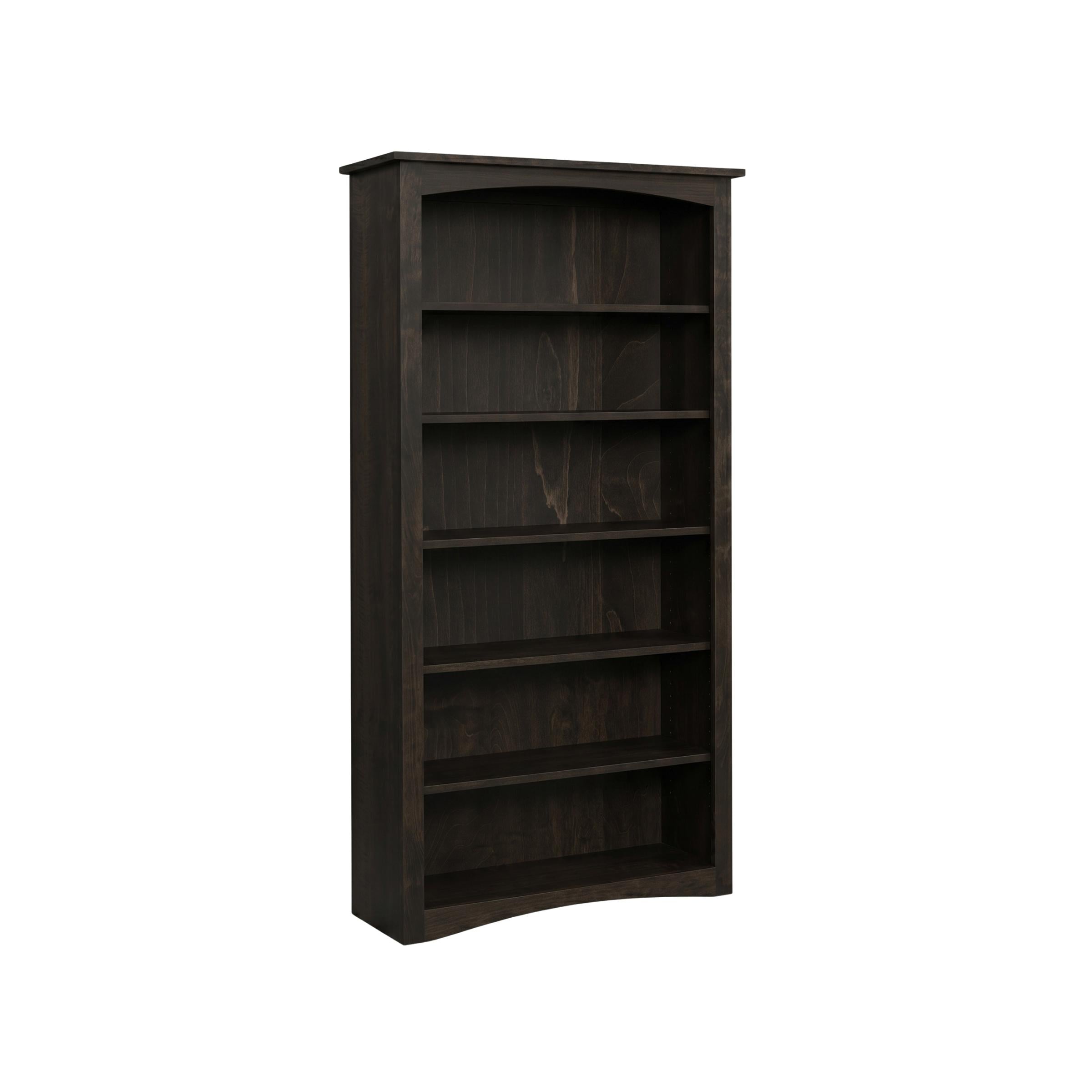Dark stained maple Arch Bookcase with six shelves and a subtle arched top and bottom.