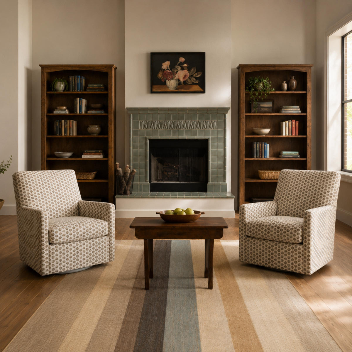 Two tall, dark wood Arch bookcases flanking a tiled fireplace in a cozy living room.