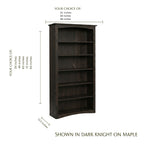 Dark wood Arch Bookcase in maple with size options and dimensions shown.