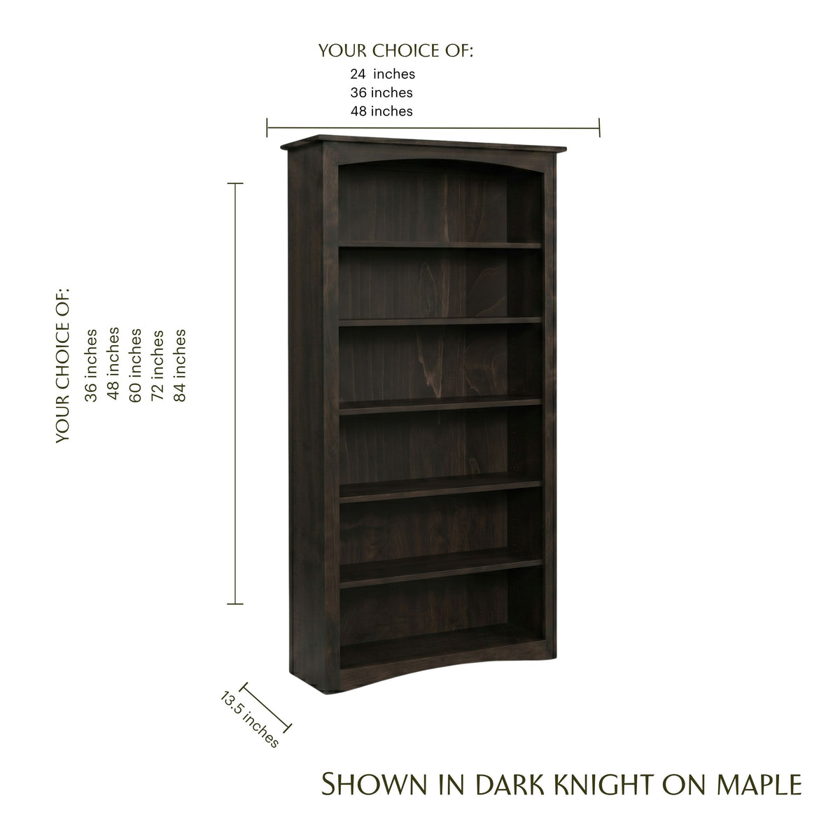 Dark wood Arch Bookcase in maple with size options and dimensions shown.