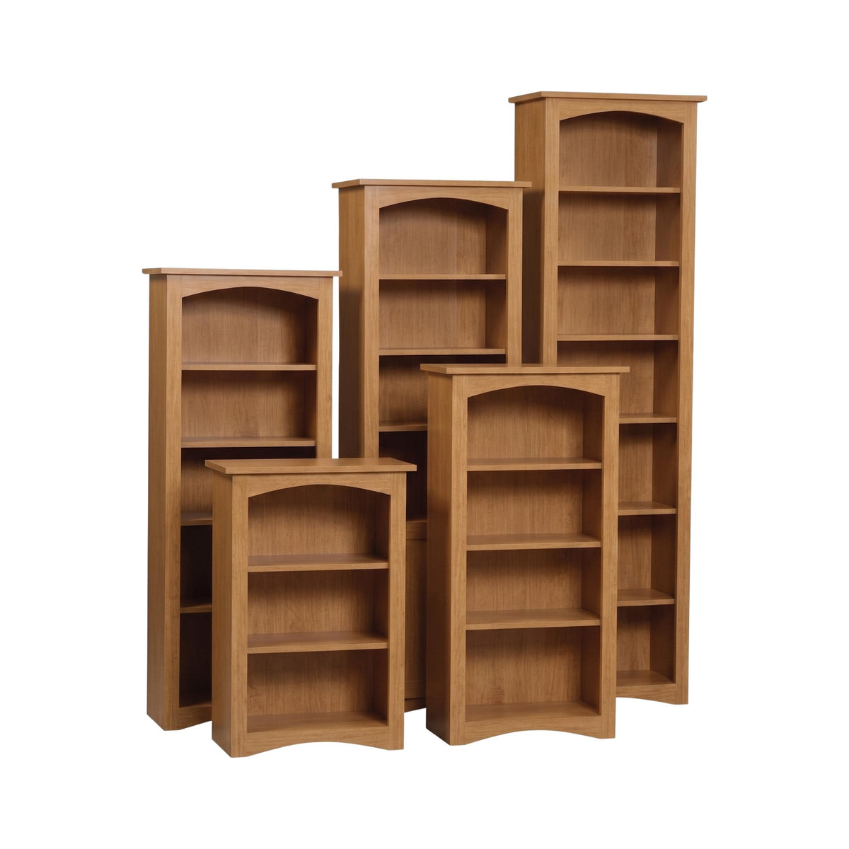 Five wooden Arch bookcases in varying heights with a natural cherry finish.