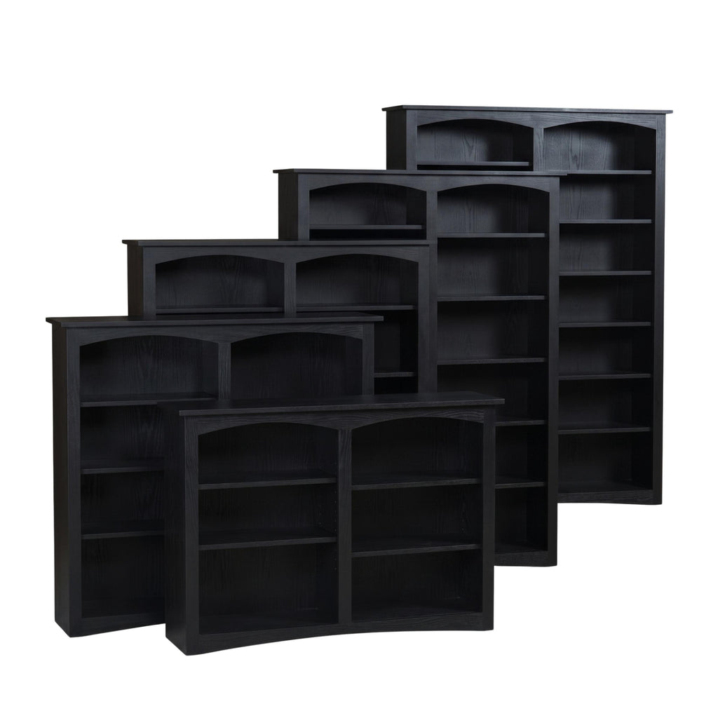Black wooden Arch Bookcases in five different heights with arched tops and open shelves
