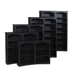 Black wooden Arch Bookcases in five different heights with arched tops and open shelves