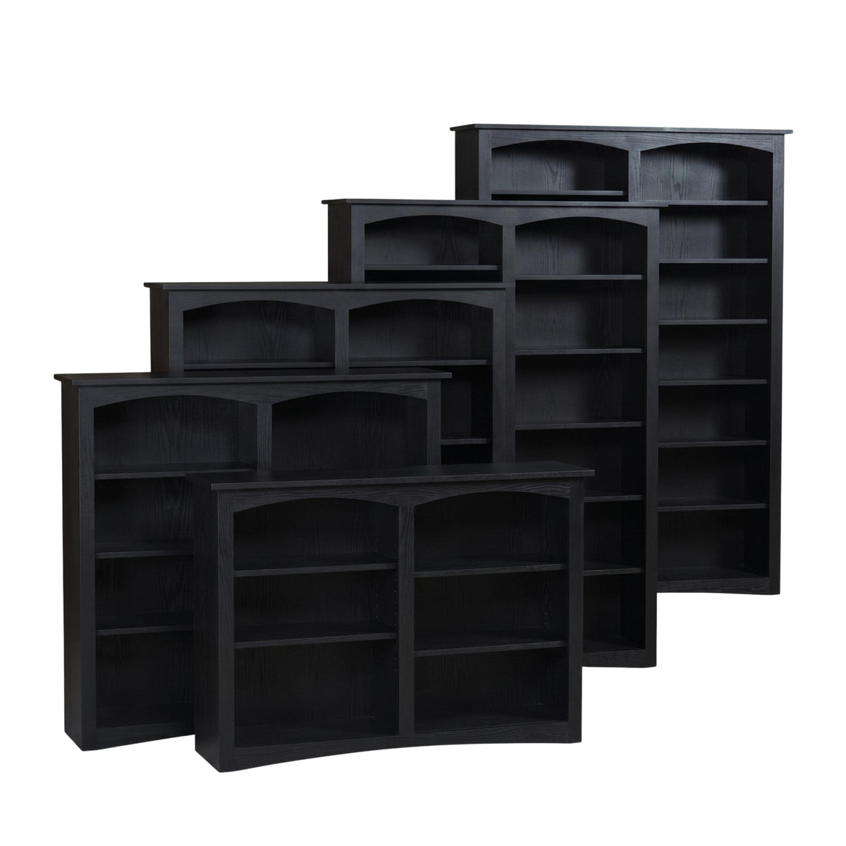 Black wooden Arch Bookcases in five different heights with arched tops and open shelves