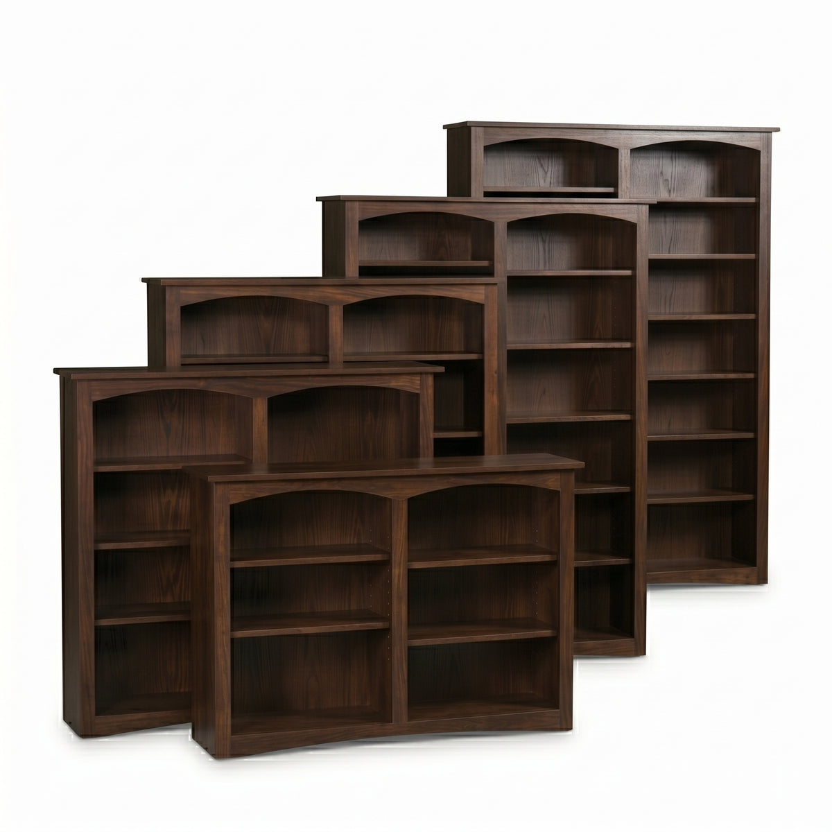 Dark brown wooden Arch bookcases in various sizes with arched top shelves