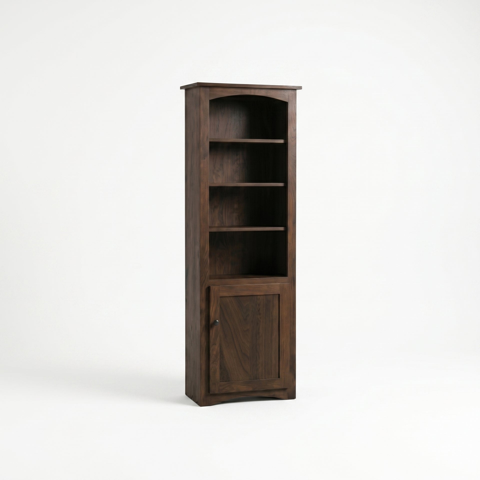 Dark wood Arch Bookcase with open shelves and a bottom cabinet door