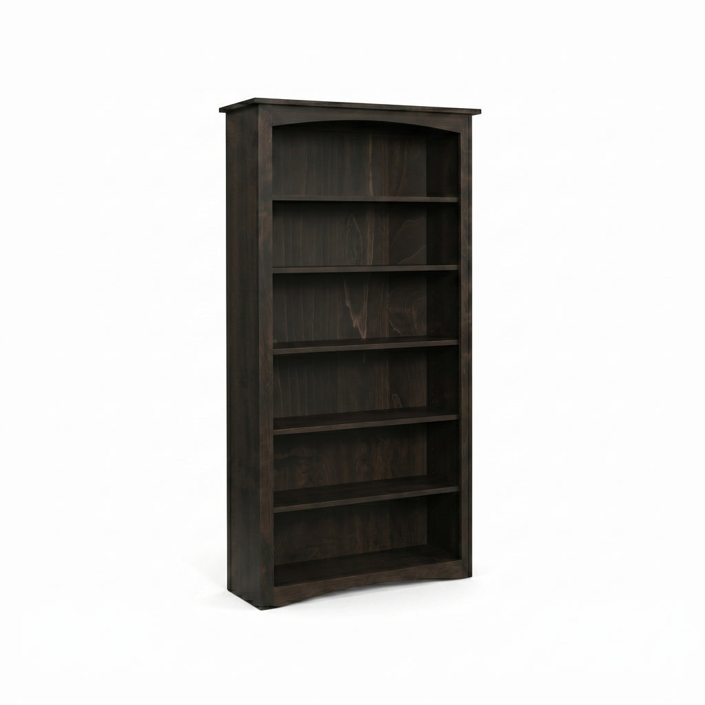 Dark stained maple Arch Bookcase with six shelves and a subtle arched top and bottom.