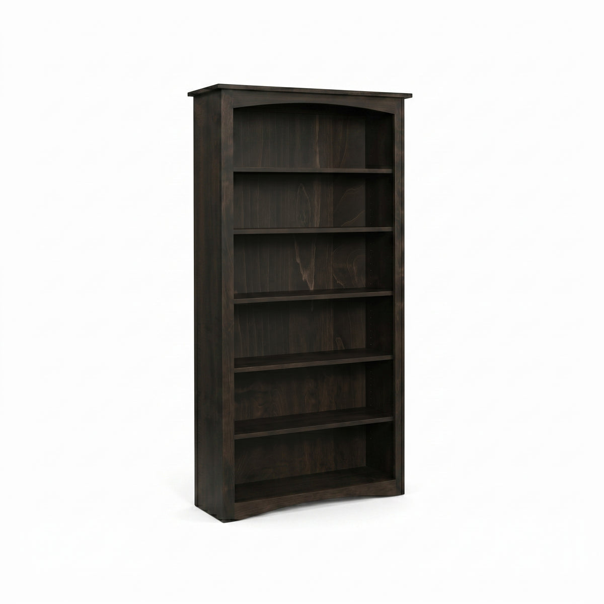 Dark stained maple Arch Bookcase with six shelves and a subtle arched top and bottom.