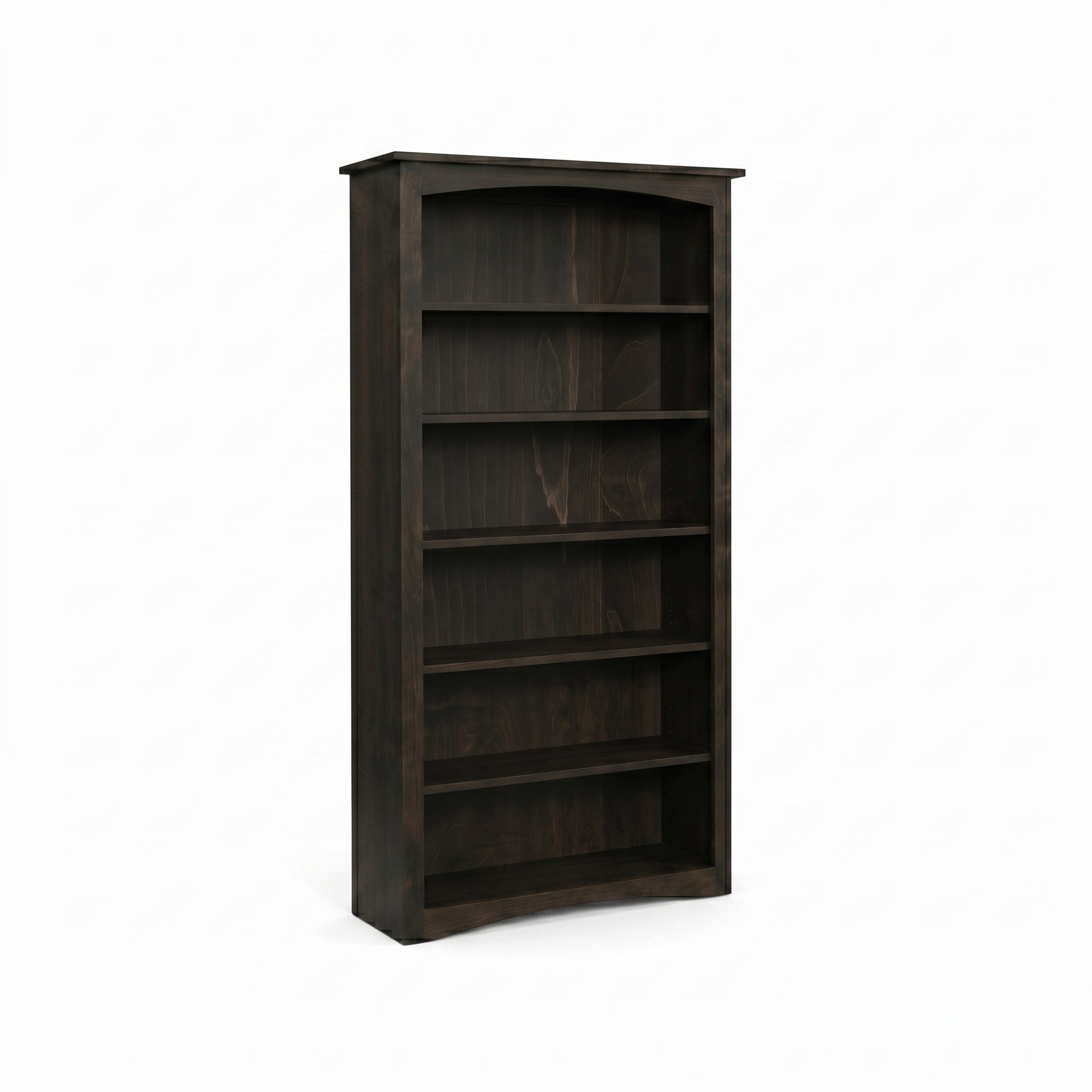 Dark stained maple Arch Bookcase with six shelves and a subtle arched top and bottom.