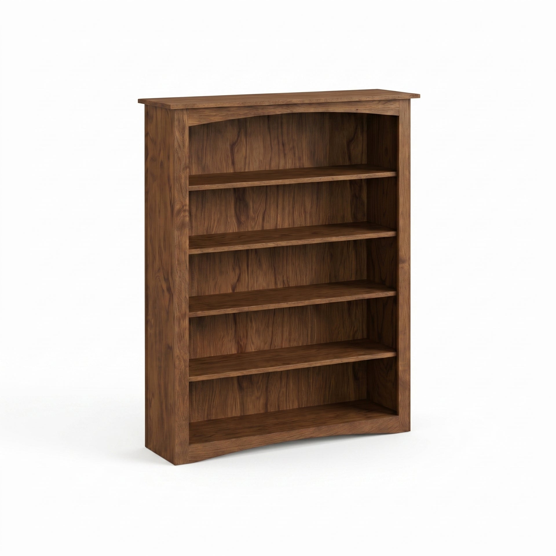 Arch Bookcase in dark stained wood with five shelves and a subtle arched top and bottom.