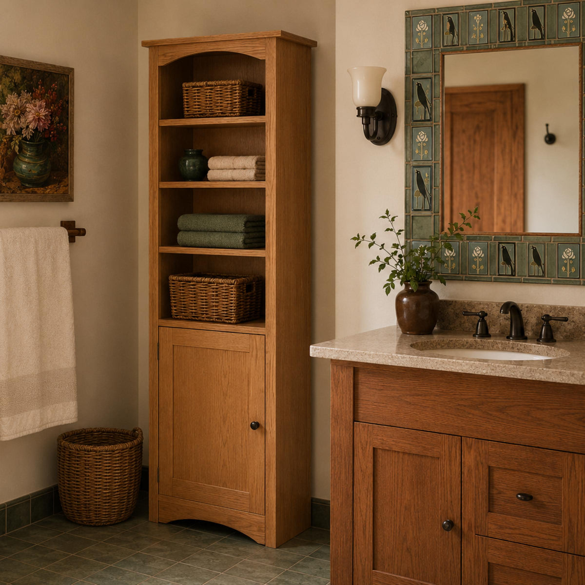 Tall oak Arch Bookcase with open shelves and a bottom cabinet in a bathroom setting.