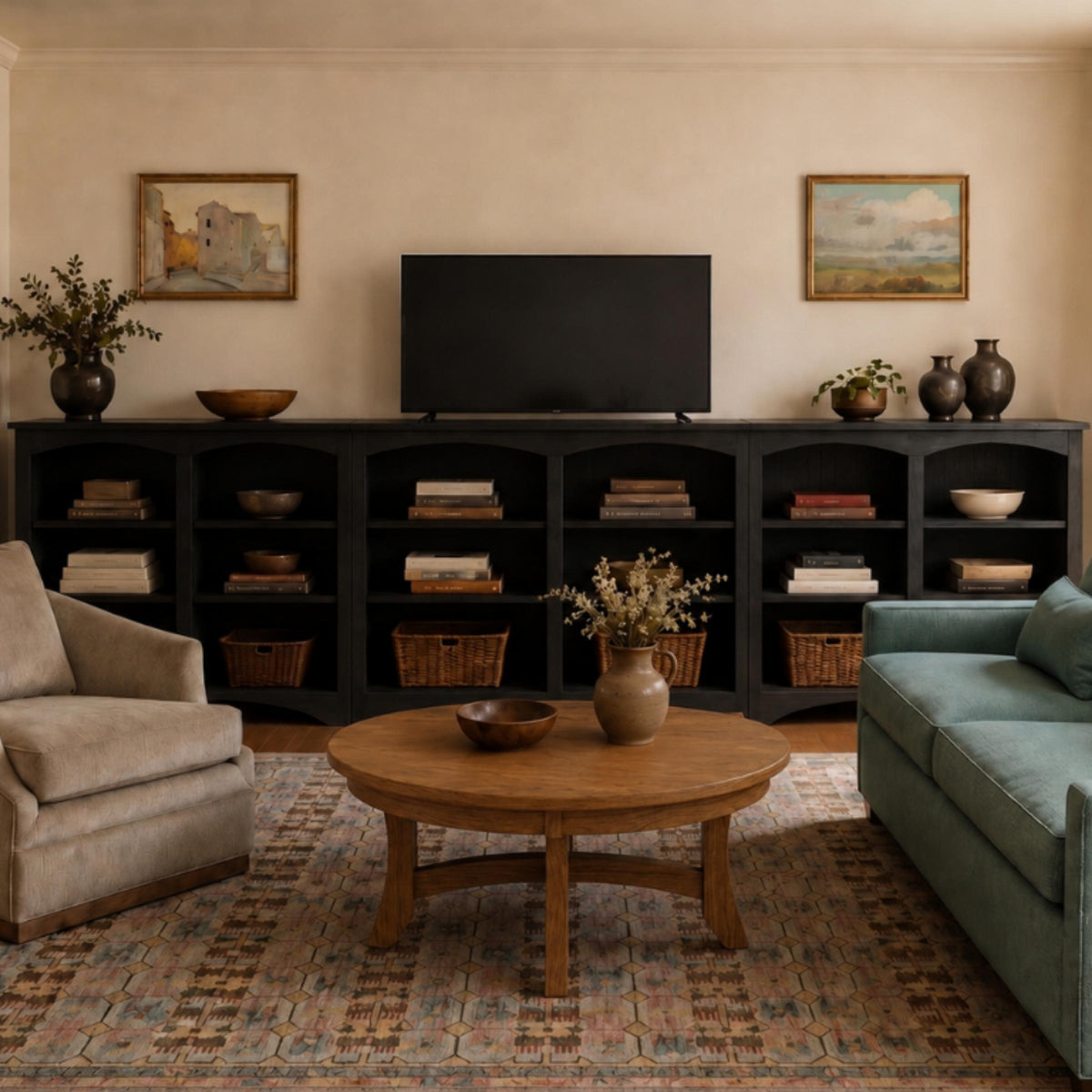 Dark wood Arch Bookcase wall unit styled with books and pottery in a living room.