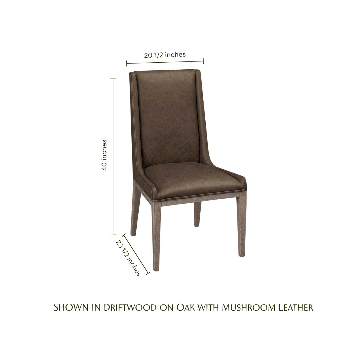 Ariel Side Chair in mushroom leather and driftwood oak with dimensions shown.