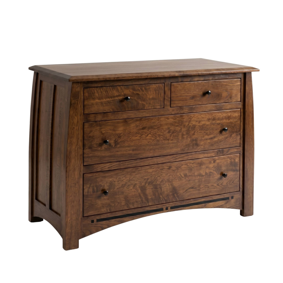Artisan Inlay 4-drawer dresser in dark brown solid hardwood with black metal knobs.