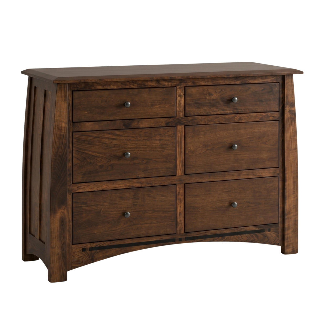 Artisan Inlay 6-drawer dresser in dark solid hardwood with curved sides and metal knobs.