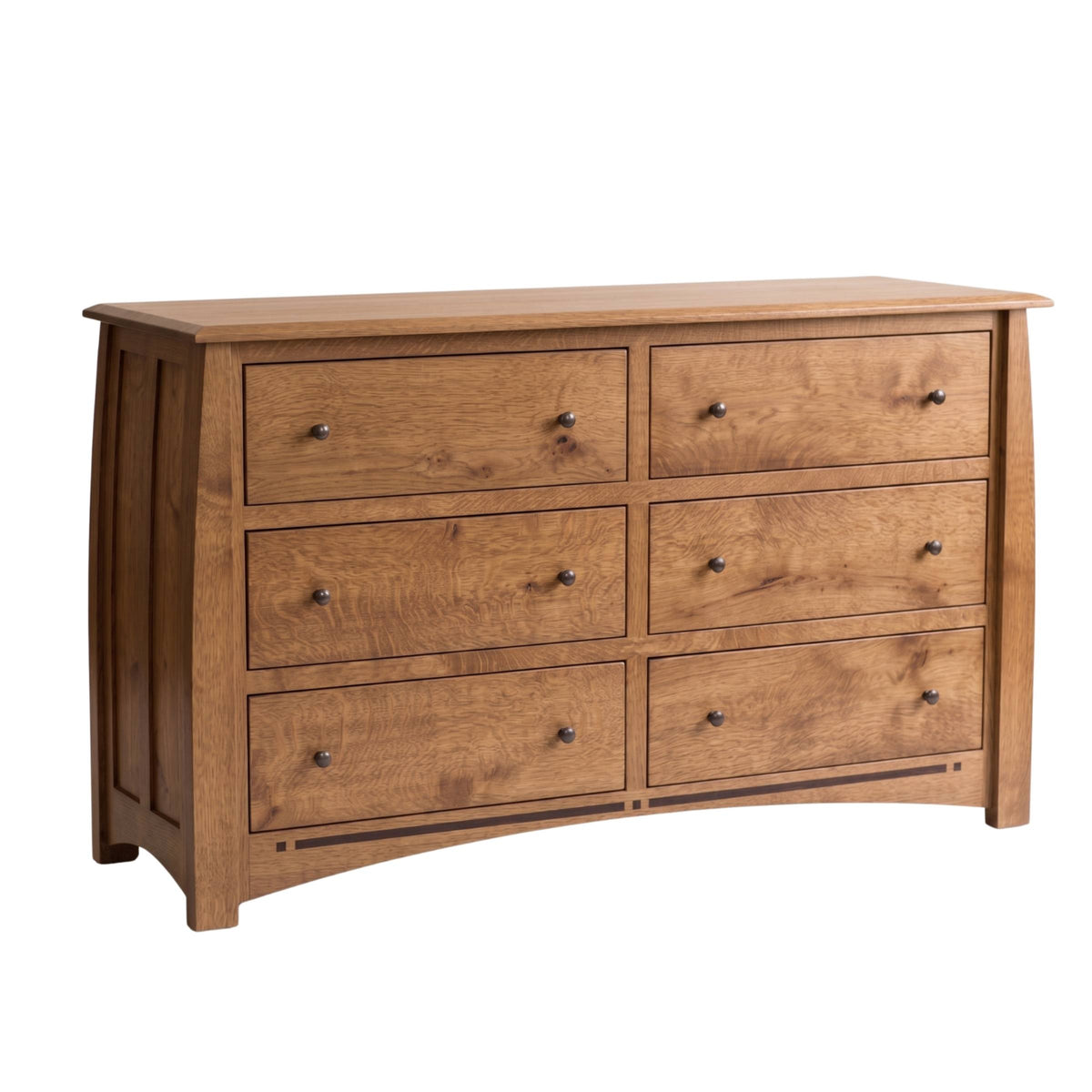 Artisan Inlay 6-drawer dresser in natural solid hardwood with dark metal knobs and a curved bottom apron.