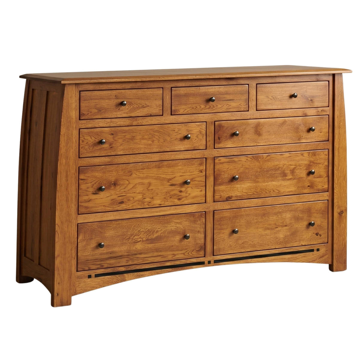 Artisan Inlay 9-drawer dresser in warm honey oak wood with dark metal knobs and curved base.