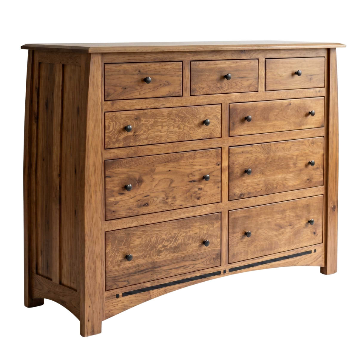 Artisan Inlay 9-drawer dresser in natural solid hardwood with dark metal knobs and a curved base.