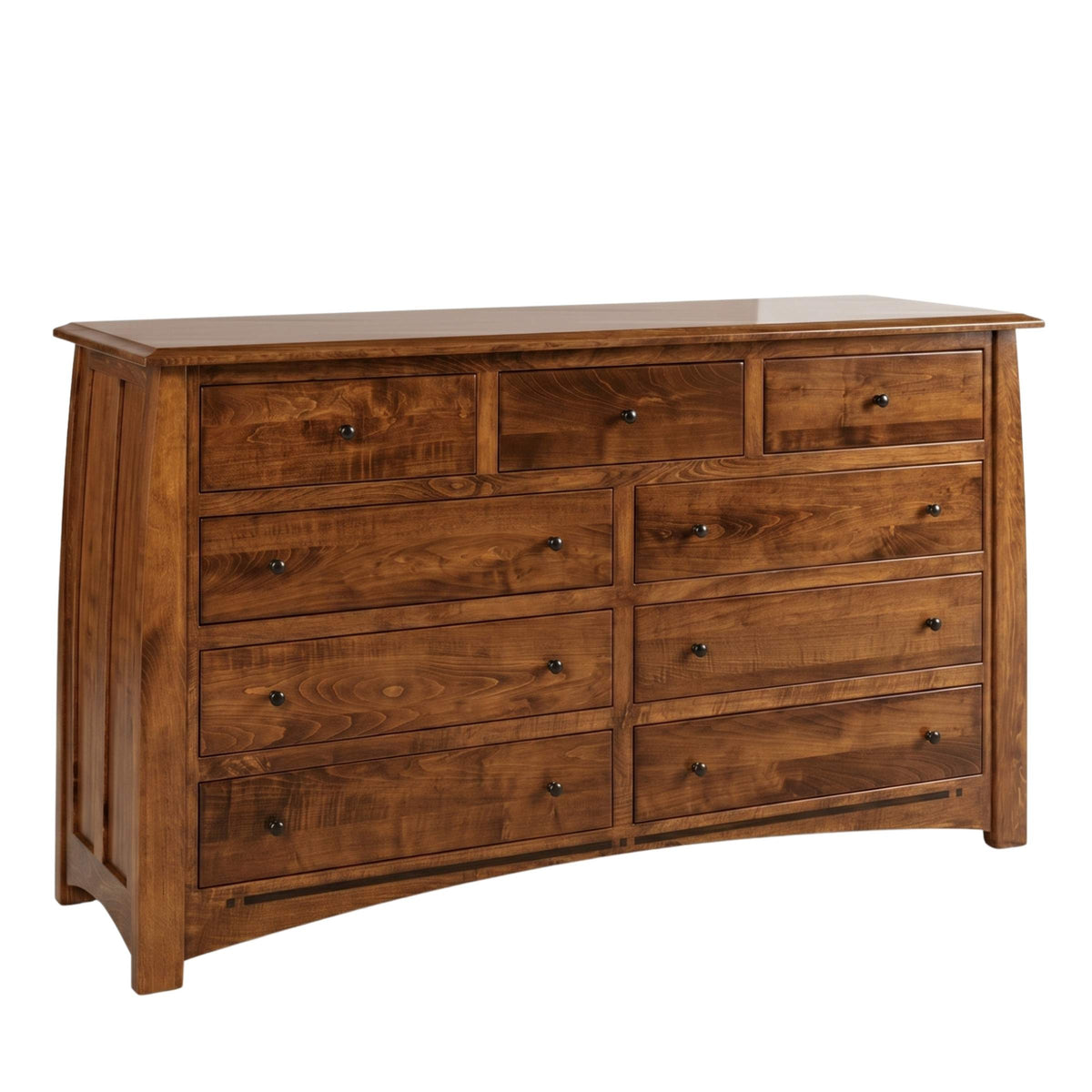 Artisan Inlay 9-drawer dresser in a warm brown solid wood finish with dark metal knobs.