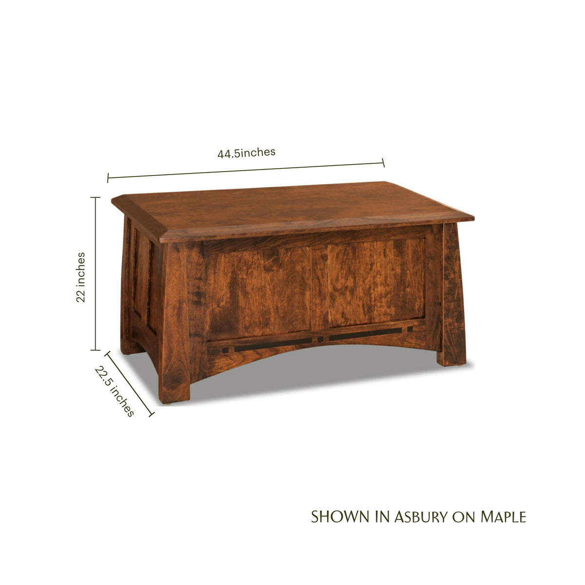 Artisan Inlay Blanket Chest in brown maple wood with dimensions shown
