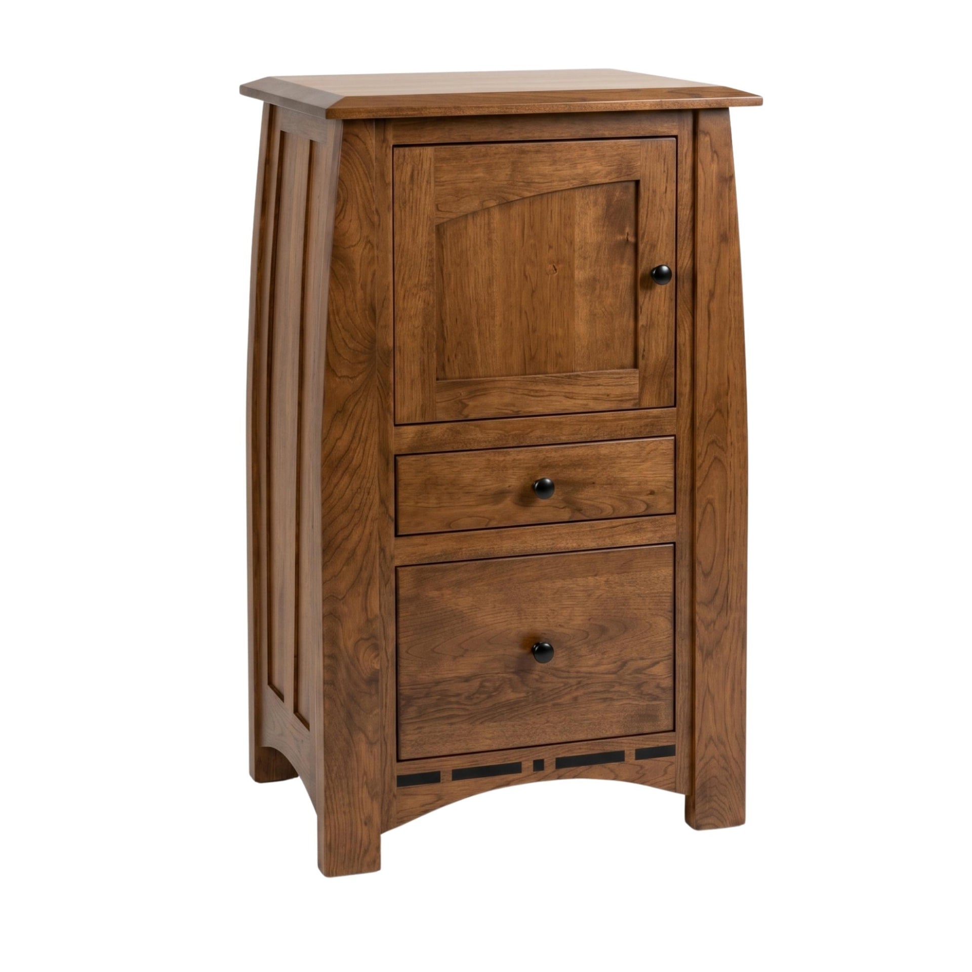 Artisan Inlay CPAP nightstand in solid brown hardwood with a cabinet, two drawers, and black knobs.