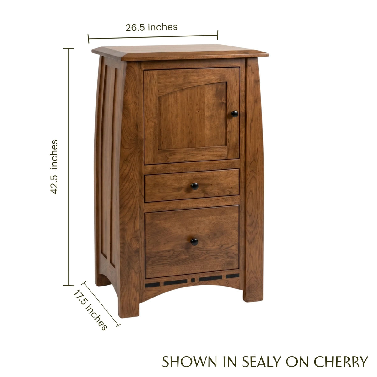 Artisan Inlay CPAP nightstand in cherry wood with dimensions, cabinet, and drawers.