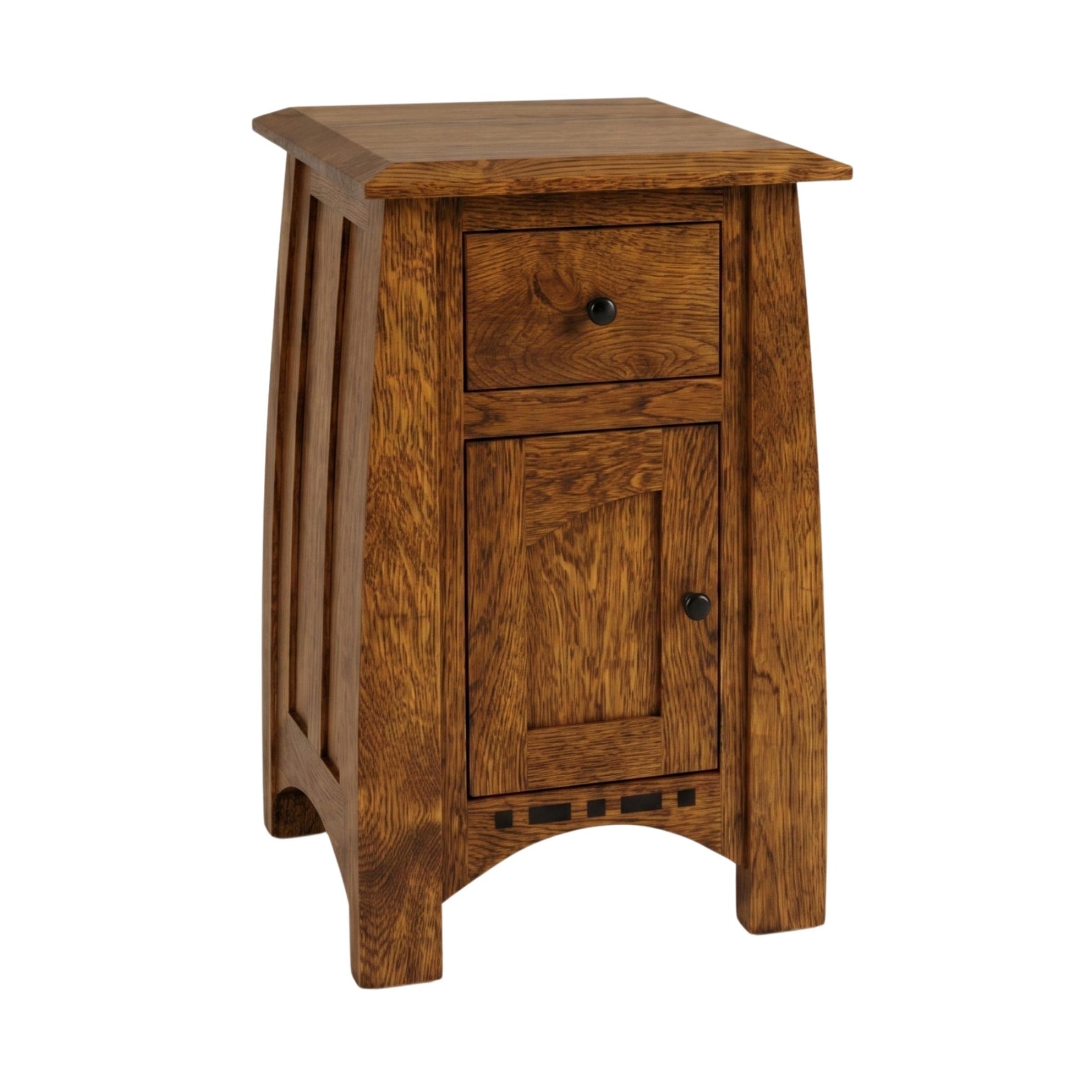 Artisan Inlay narrow nightstand in warm brown oak wood with a drawer, cabinet, and black knobs.