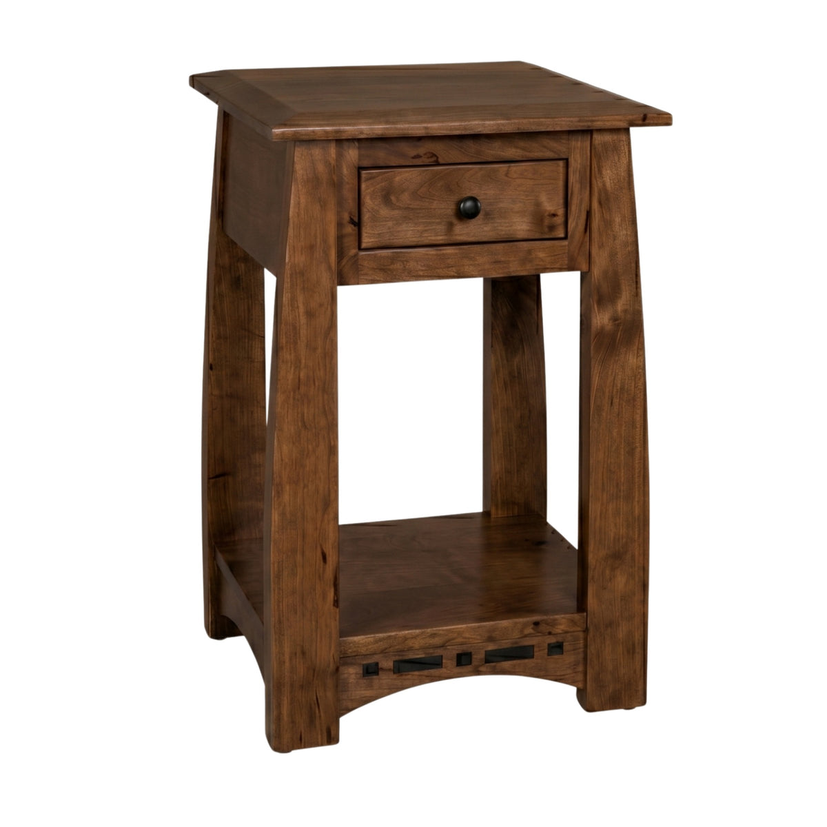 Artisan Inlay Narrow Nightstand in dark brown solid wood with a drawer and bottom shelf