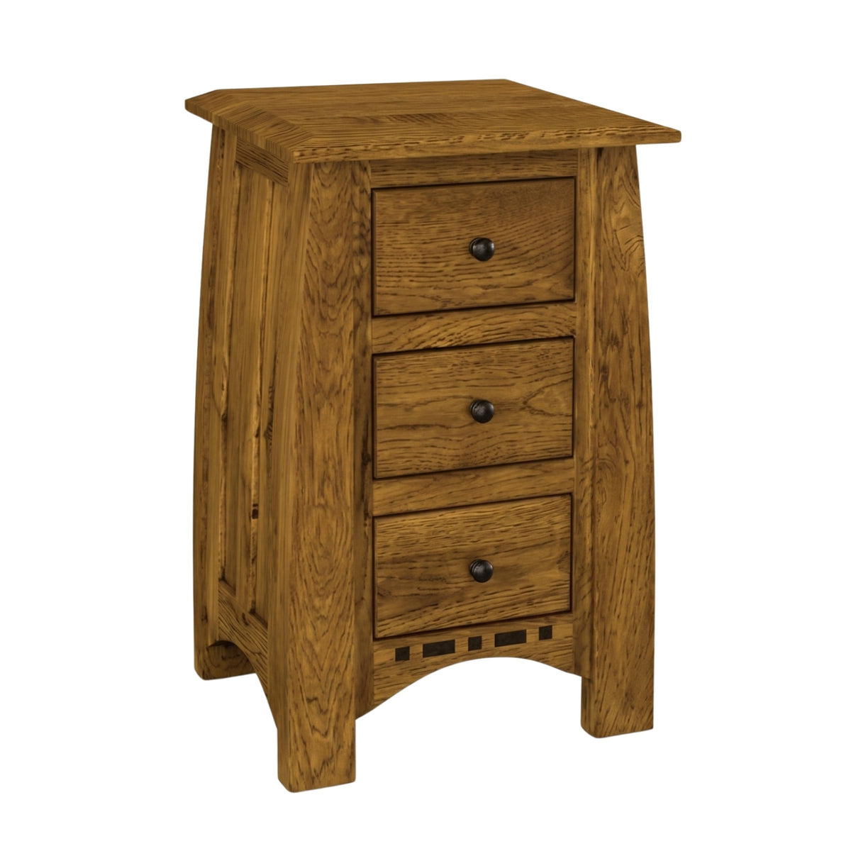 Artisan Inlay narrow nightstand in solid oak wood with three drawers and dark metal knobs.