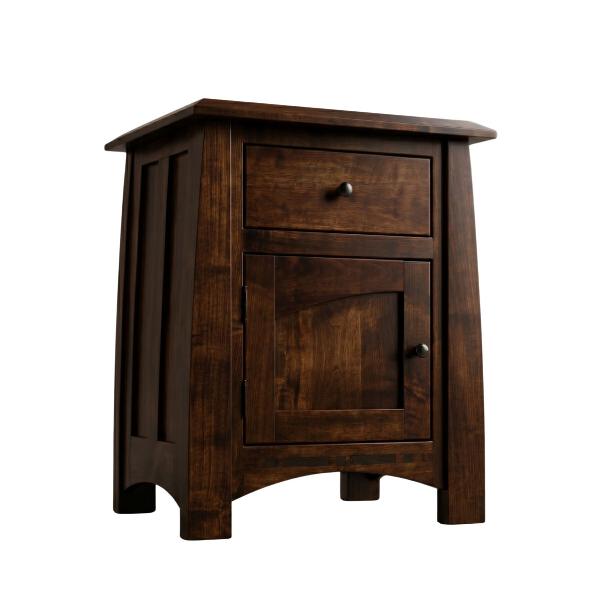 Artisan Inlay Nightstand in dark brown solid hardwood with a drawer and cabinet door.