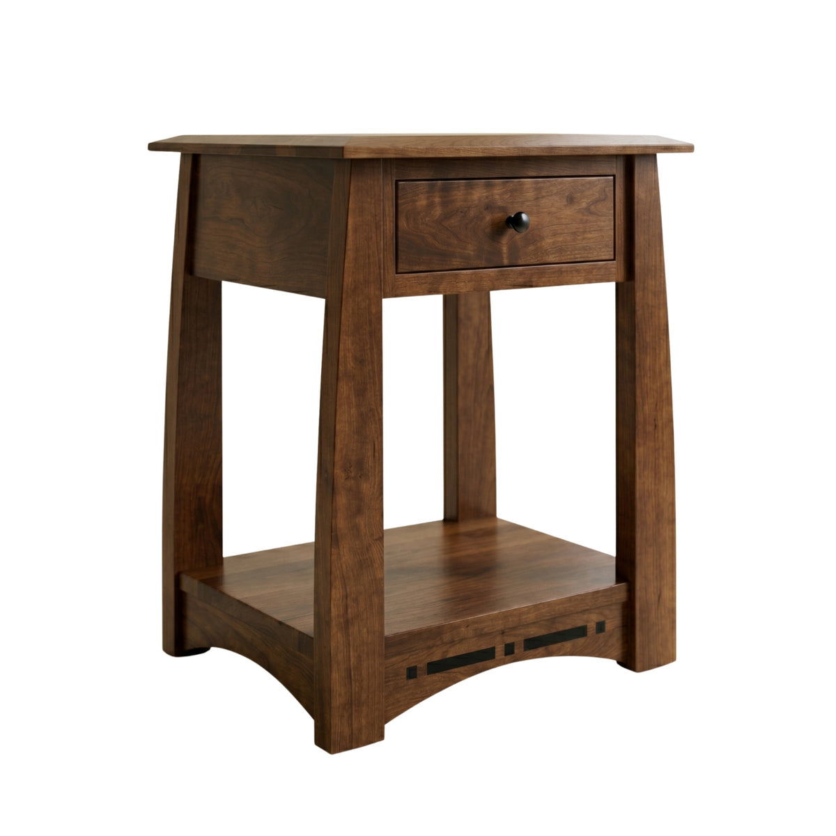 Artisan Inlay Nightstand in dark solid hardwood with a single drawer and lower shelf.