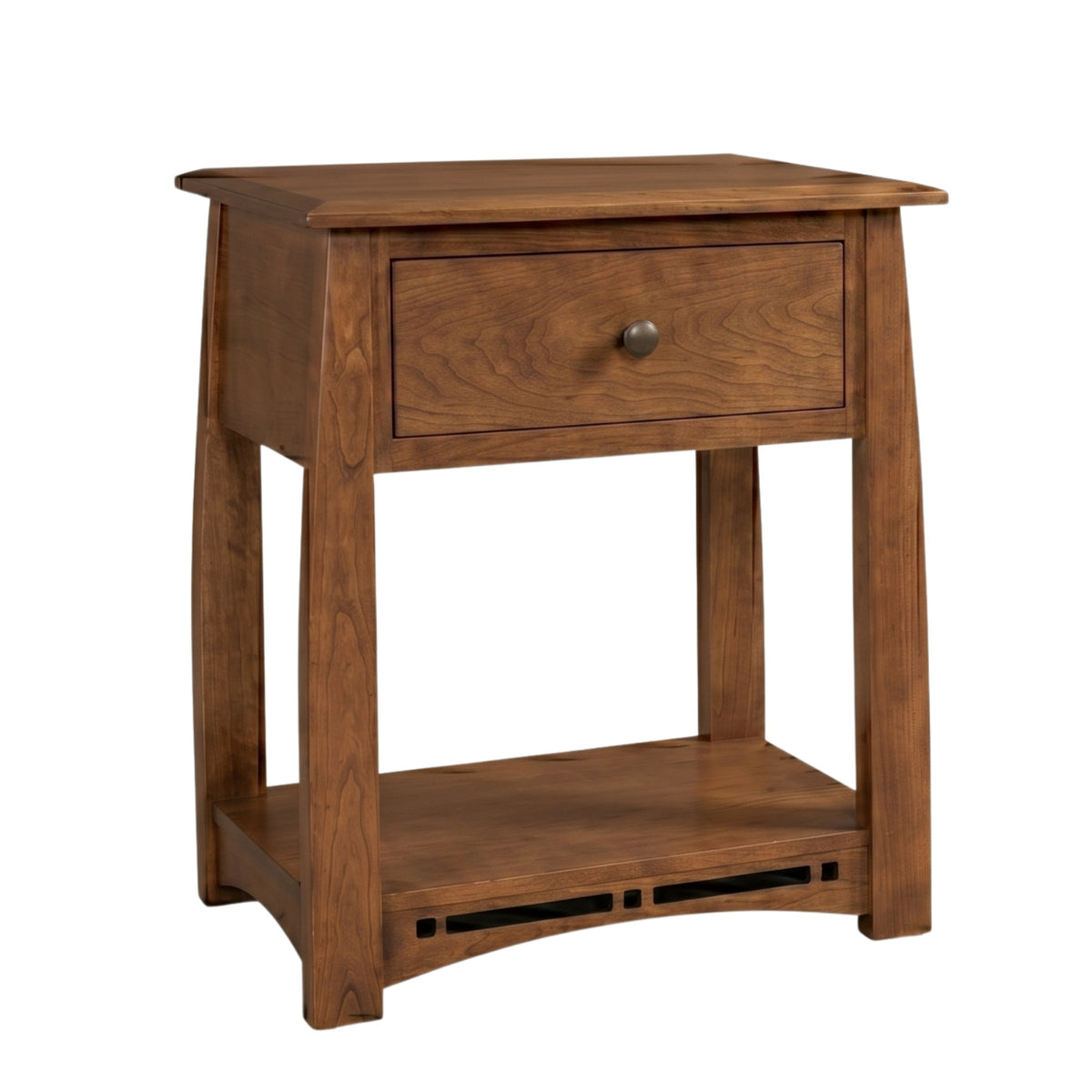 Artisan Inlay wide nightstand in brown solid hardwood with one drawer and a lower shelf