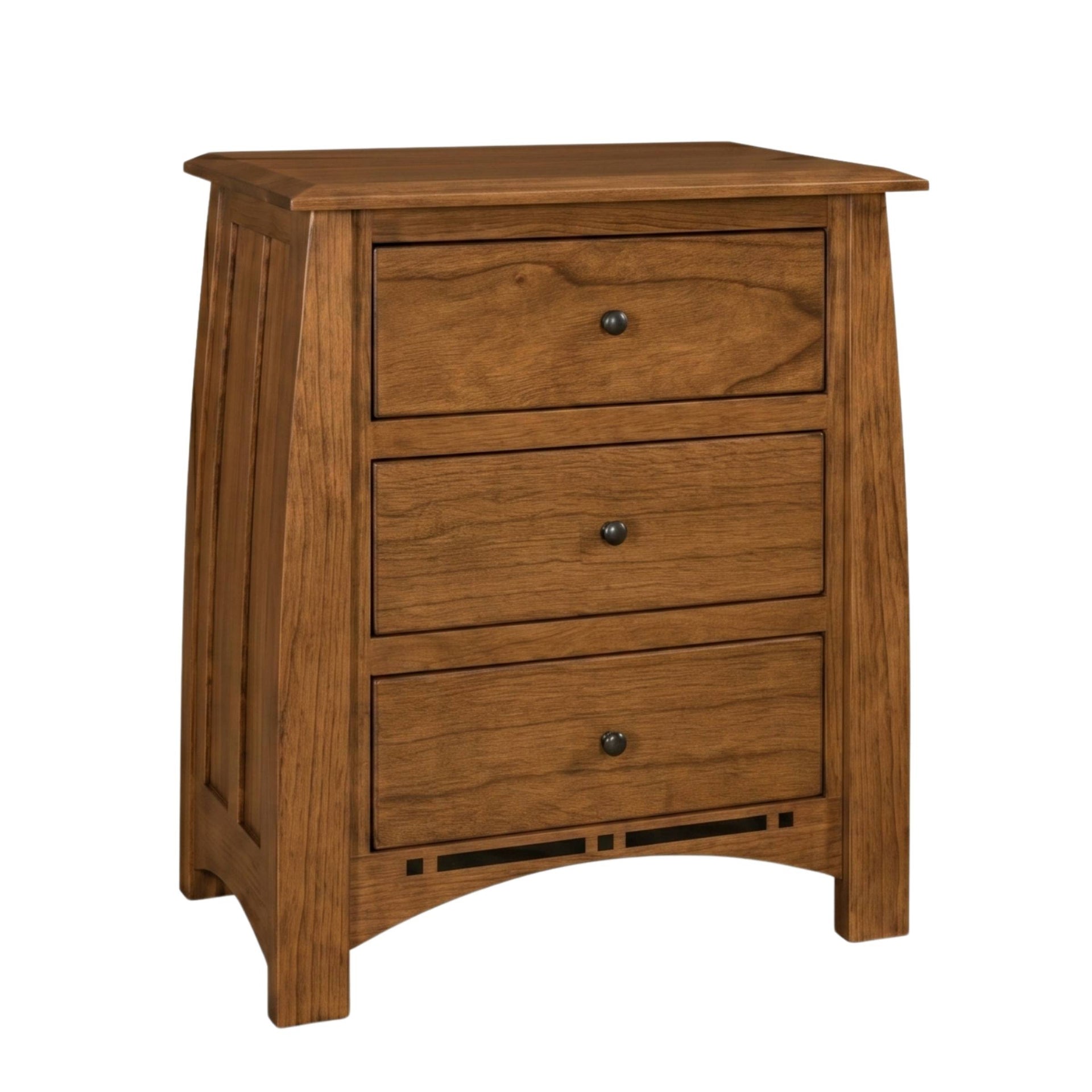 Artisan Inlay Wide Nightstand in solid brown hardwood with three drawers and black knobs.