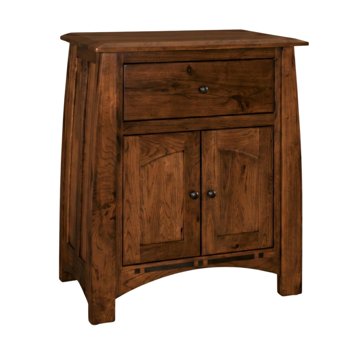 Artisan Inlay Wide Nightstand in dark solid hardwood with one drawer and two doors