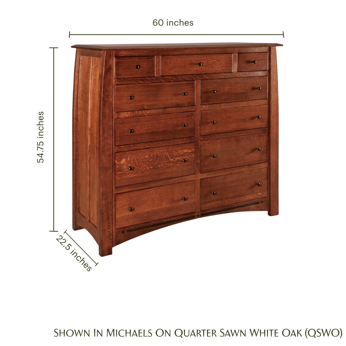 Artisan Inlay 11-drawer mule chest in warm brown quarter sawn white oak with dimensions.