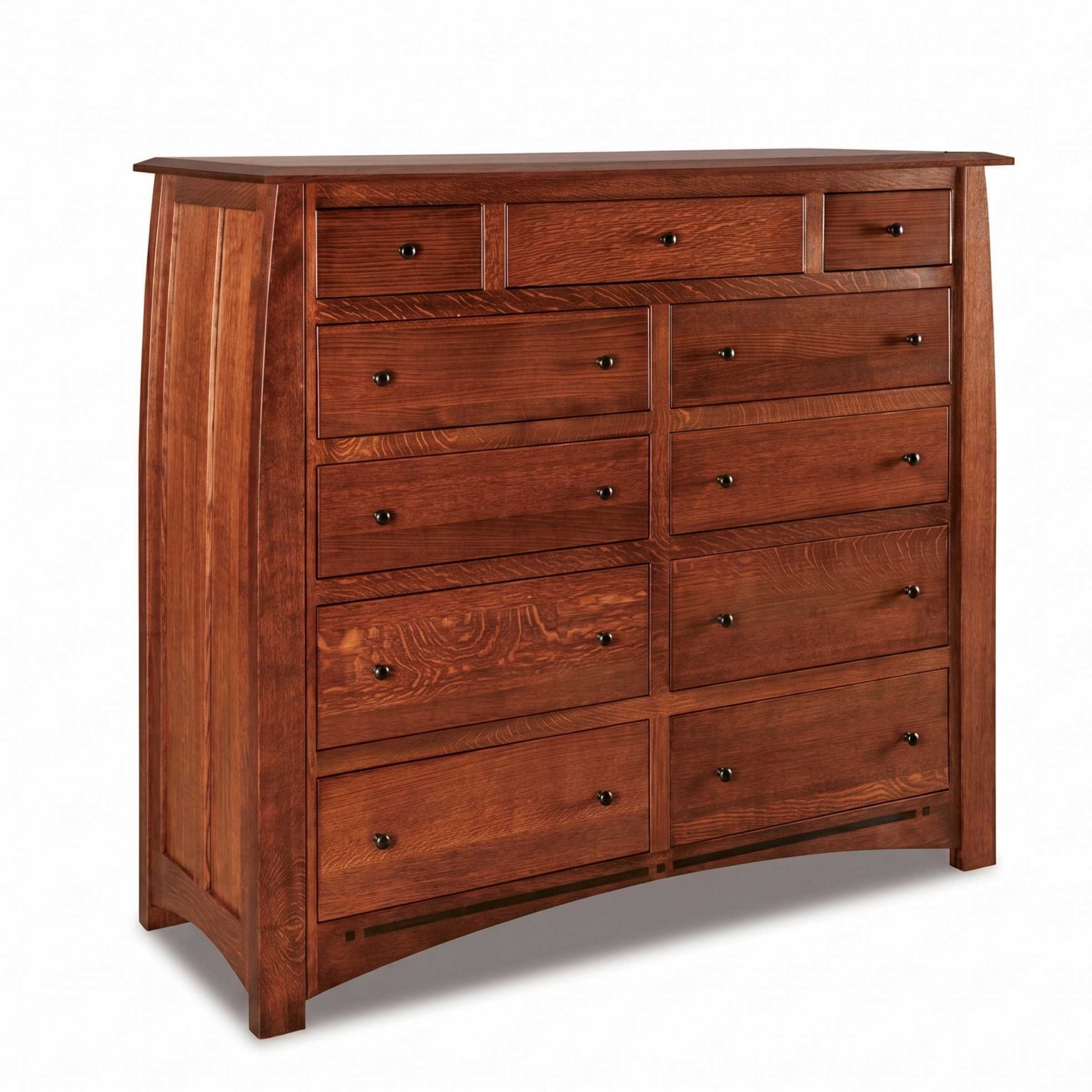 Artisan Inlay 11-drawer mule chest in rich brown solid hardwood with dark metal knobs.
