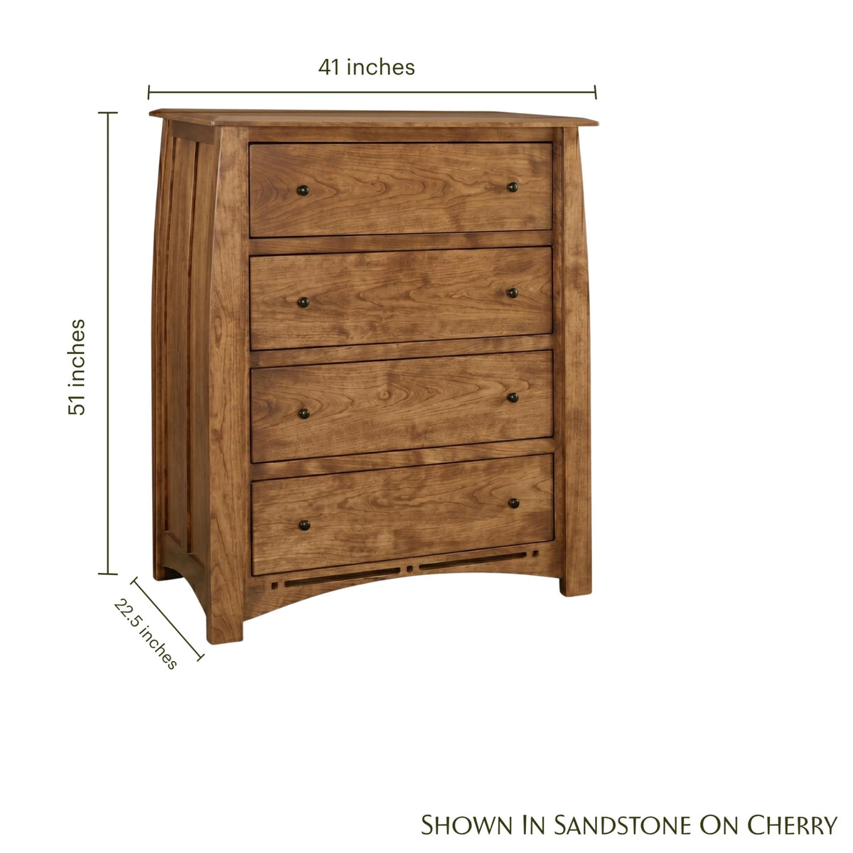 Artisan Inlay 4-drawer cherry wood chest with dimensions: 41"W x 22.5"D x 51"H.
