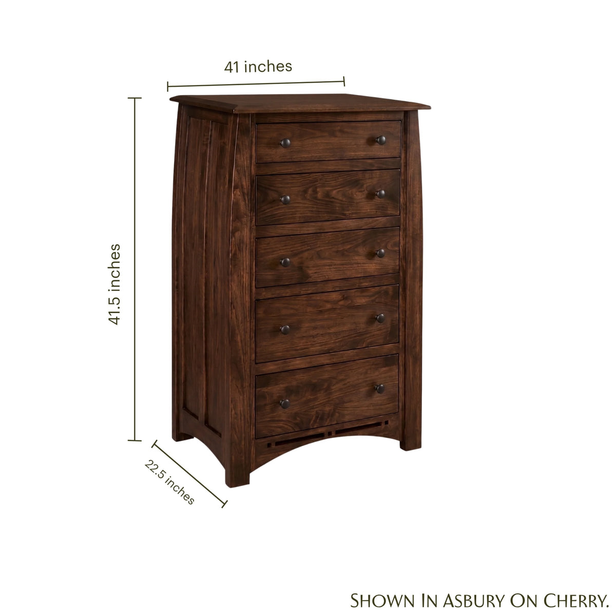Artisan Inlay 5-drawer chest in dark brown cherry wood with dimensions.
