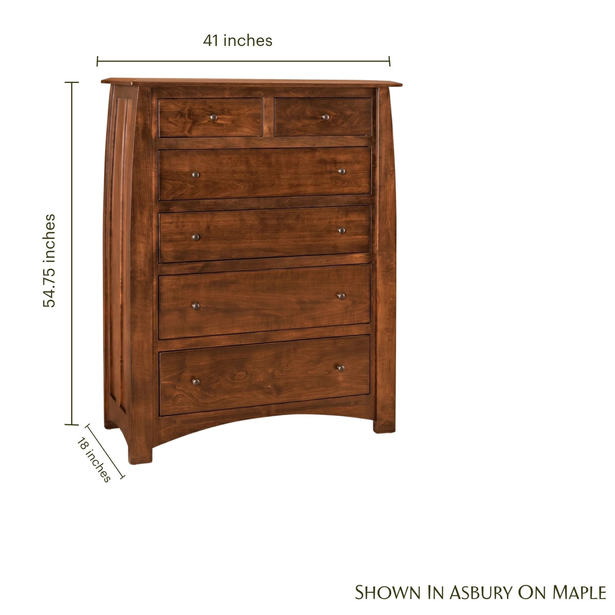 Artisan Inlay 6-drawer chest in brown maple wood with dimensions.