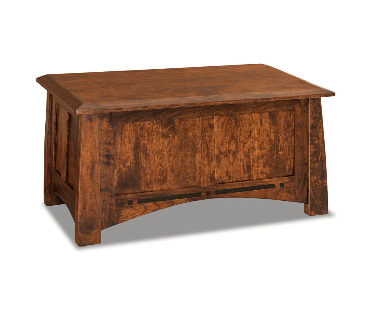 Artisan Inlay Blanket Chest in dark brown solid hardwood with a flared base and wood grain details