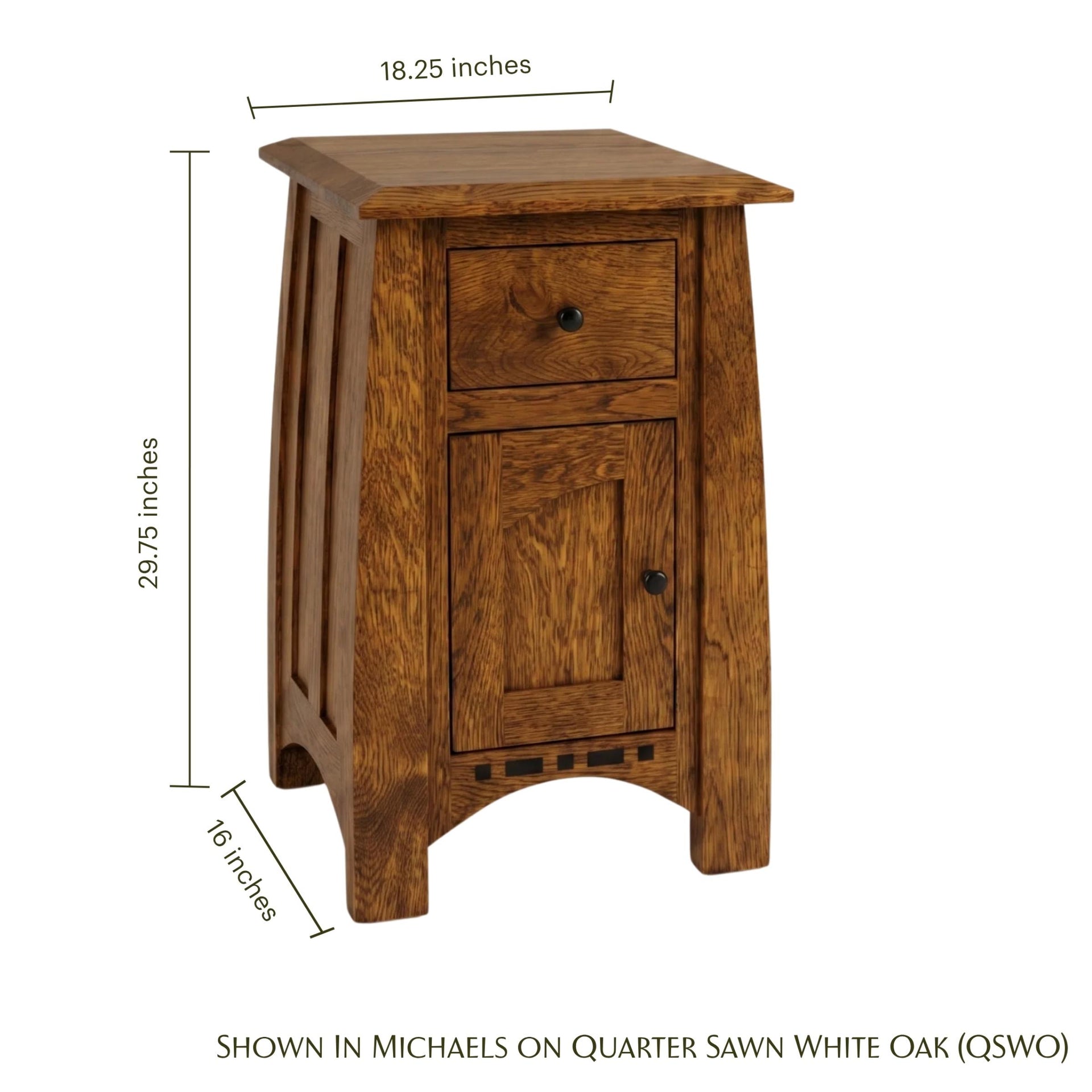 Artisan Inlay Narrow Nightstand in oak wood with dimensions shown