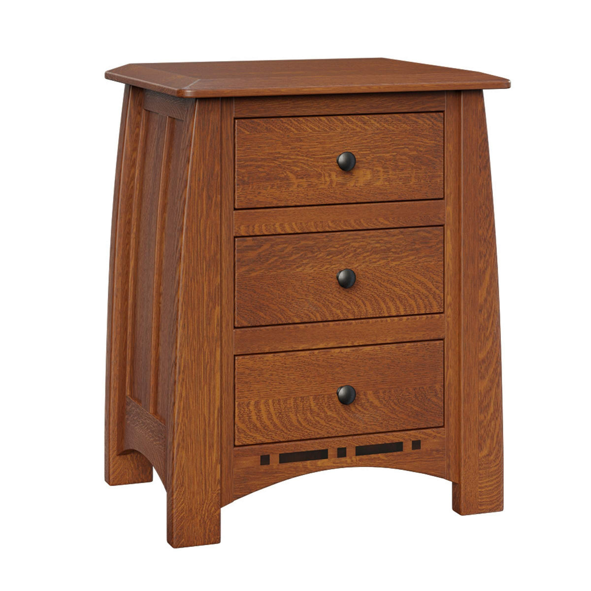 Artisan Inlay Nightstand in warm brown solid hardwood with three drawers and black knobs.