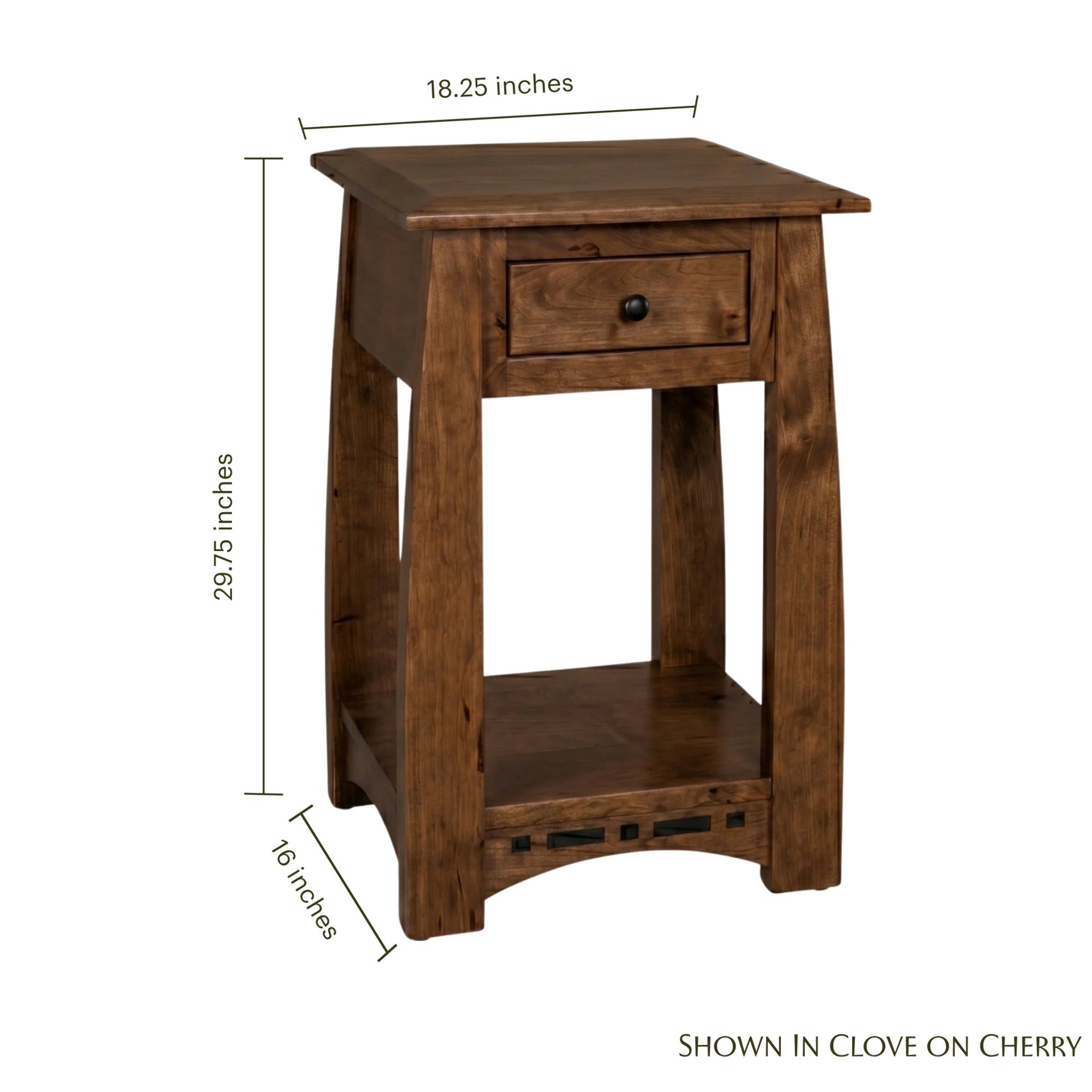 Artisan Inlay narrow nightstand in clove on cherry wood with dimensions shown
