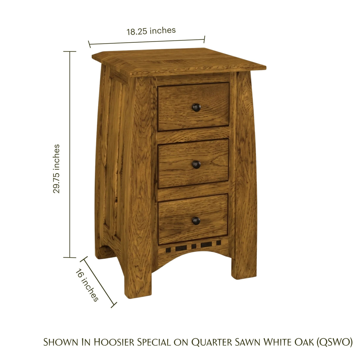 Artisan Inlay Narrow Nightstand in oak wood with three drawers and dimensions shown