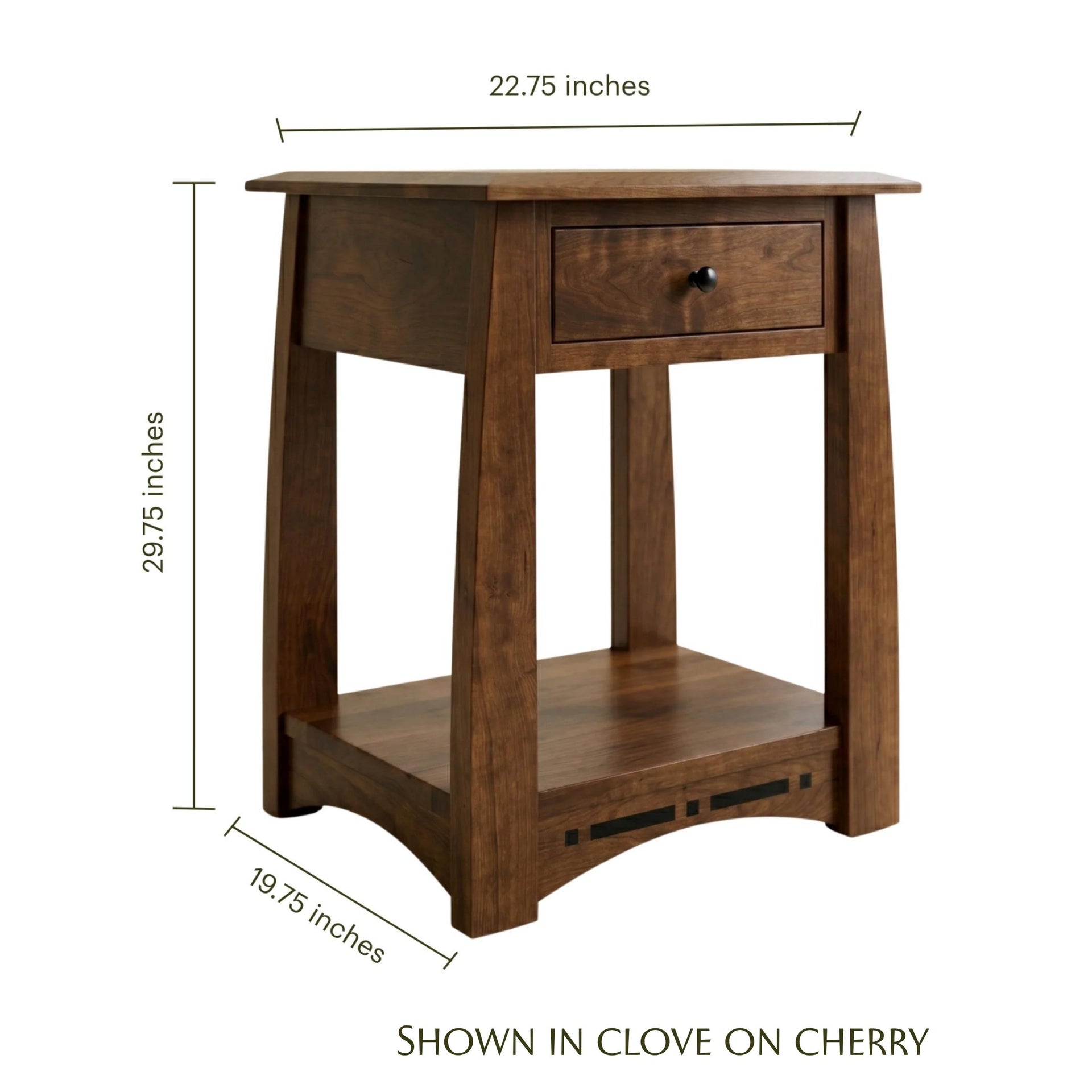 Artisan Inlay Nightstand in clove on cherry wood with dimensions shown