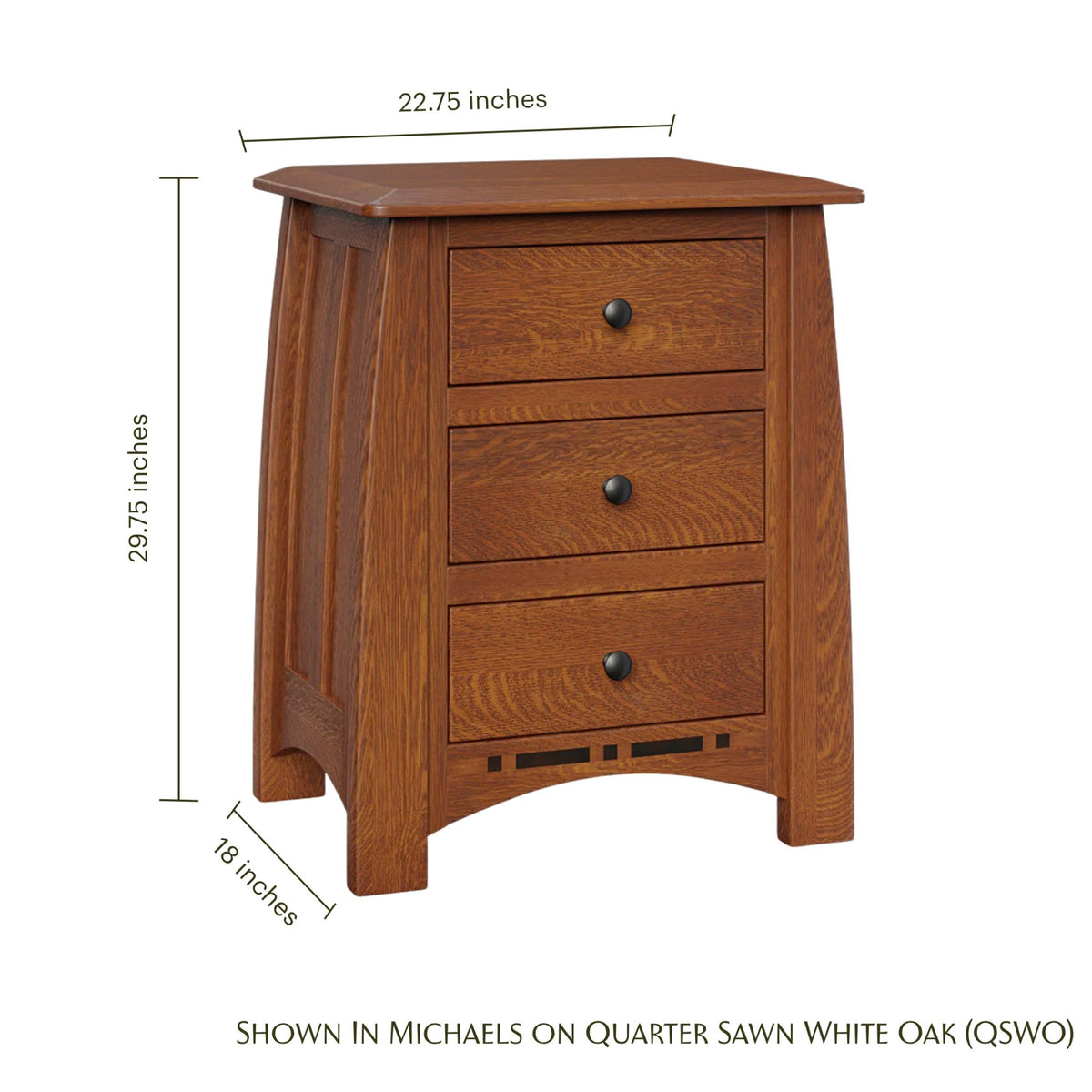 Artisan Inlay Nightstand in Michaels on Quarter Sawn White Oak with dimensions.