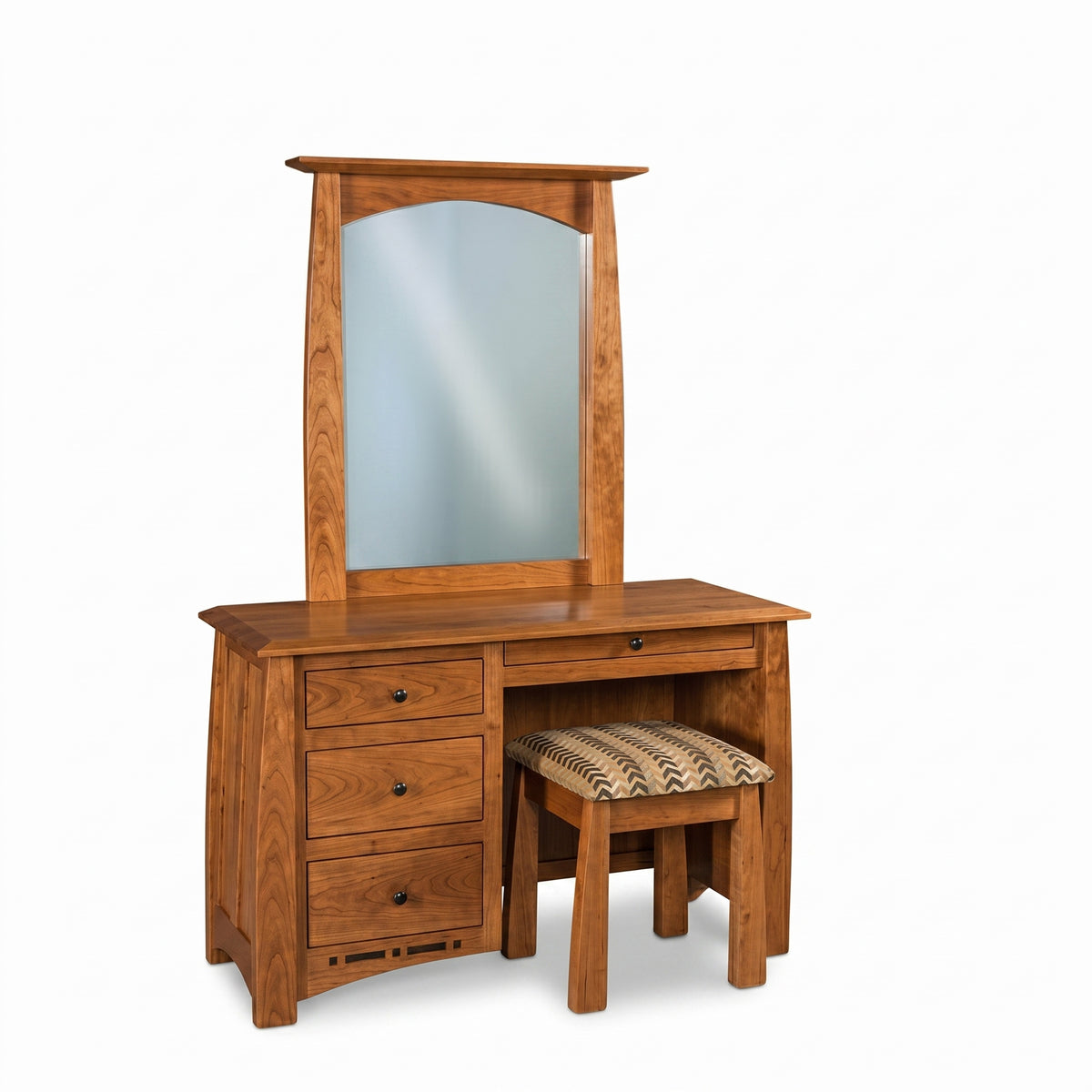Artisan Inlay Vanity Set in warm brown wood with a tall mirror and patterned cushioned stool.